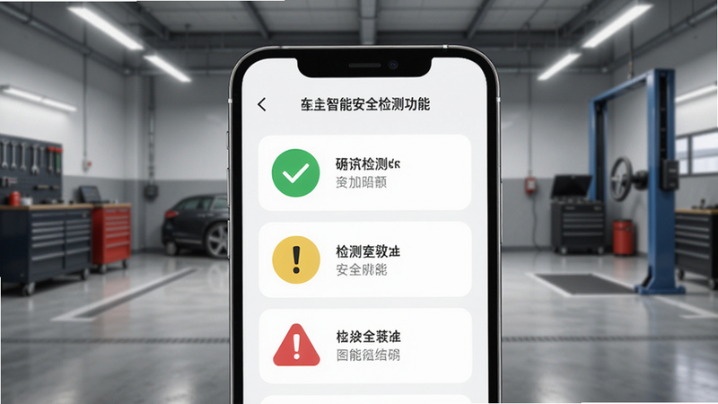 好安全车主智能安全检测功能界面,手机屏幕显示车辆各部件检测结果,绿色对勾、黄色感叹号、红色警告图标,背景为车库场景,界面简洁,现代感强,画质清晰,干净无多余元素