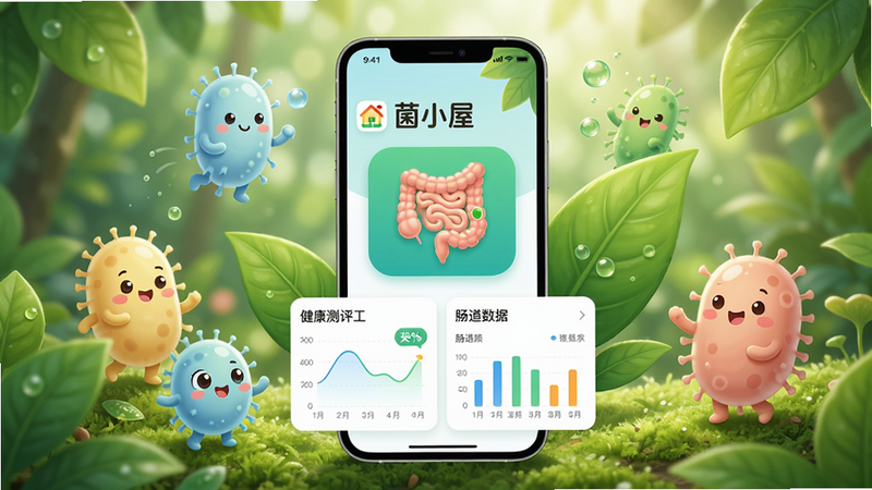 画面主体为“菌小屋”APP界面悬浮在清新自然背景中,周围环绕着可爱的益生菌卡通形象和绿色叶片。布局采用居中构图,界面下方展示健康测评与肠道数据图表。排版整洁现代,风格明亮活泼,细节包含界面上的“菌小屋”字样与肠道菌群图标。画质高清干净,无多余元素。