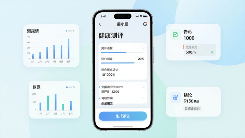 展示“菌小屋”APP内健康测评功能,主体为手机屏幕上的测评问卷界面,背景是柔和渐变。布局为手机居中放置,周围有数据图表和结论卡片。排版清晰,风格简洁专业,细节突出测评进度条和“生成报告”按钮。画质细腻干净,无多余元素。