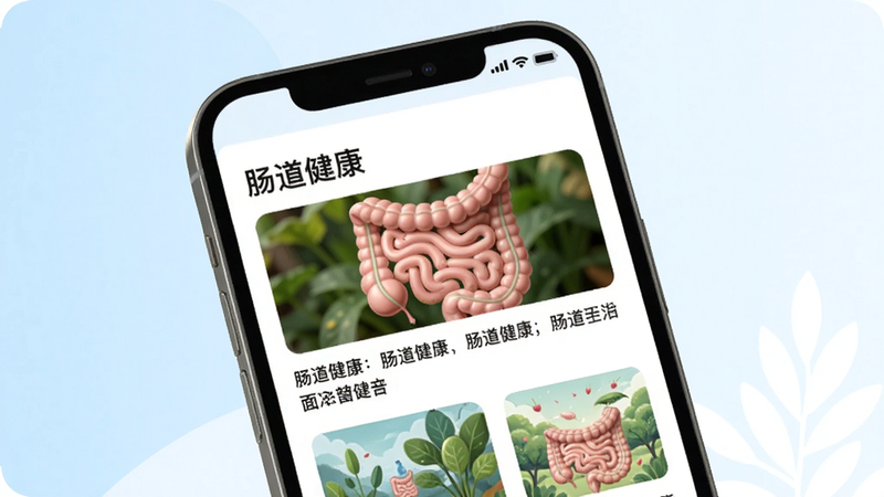 图片主体为“菌小屋”APP的健康科普板块,展示手机阅读界面,背景是浅蓝与白色搭配。布局采用手机屏幕特写,屏幕上显示图文并茂的文章列表。排版整齐,风格清新自然,细节包括“肠道健康”标题和配图。画质清晰干净,无多余元素。