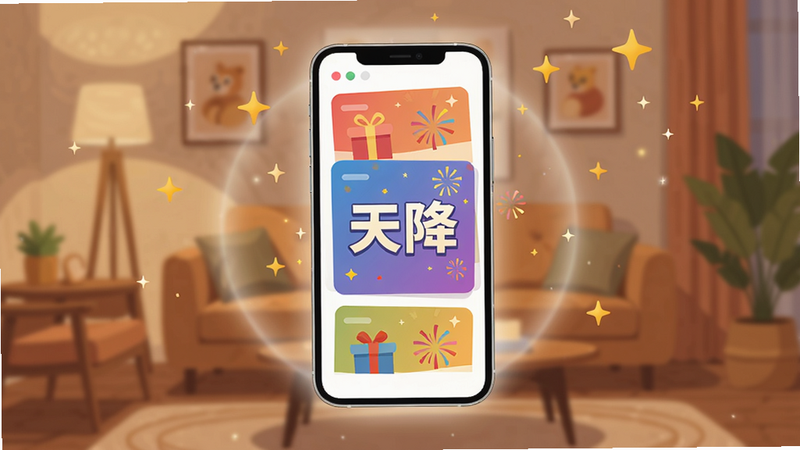 画面主体为一部亮着屏幕的智能手机,屏幕中显示色彩缤纷的卡片式界面,卡片上带有“天降”两个大字和礼花图标,手机悬浮在温馨的客厅背景前,周围环绕着柔和的光晕和飘落的星光,整体布局居中,排版干净,扁平化插画风格,细节丰富,画质高清,干净无多余元素。