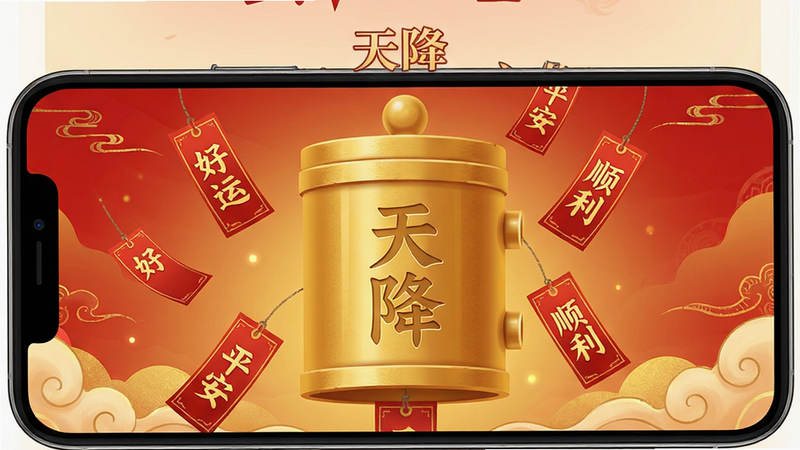 一张手机截图风格图片,屏幕显示“天降”的“每日一签”页面,中央有一个巨大的金色签筒,签筒上刻有“天降”二字,旁边飘落着带有“好运”“平安”“顺利”字样的红色签条,背景为喜庆的红色与金色渐变,整体布局居中,排版庄重,国潮插画风格,细节精美,画质高清,干净无多余元素。