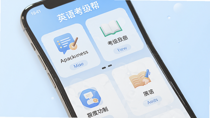 英语考级帮APP主界面展示,手机屏幕中显示学习功能模块,背景为淡蓝色渐变,界面简洁现代,图标清晰,整体风格明亮干净,突出“英语考级帮”字样,高质量渲染,无多余元素