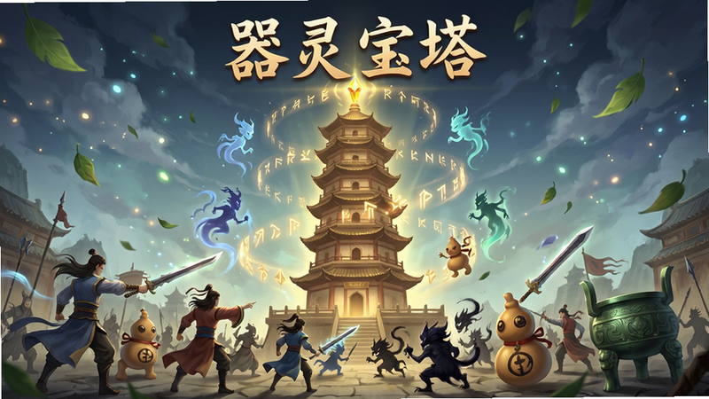 画面中心是一座巍峨耸立的九层宝塔,塔身散发着柔和的金色光芒,周围环绕着旋转的符文和飘浮的器灵虚影。塔前是一片古老的战场,数位身着古装的角色正在指挥形态各异的器灵(如剑灵、葫芦灵、鼎灵)与黑色的魔物对峙。整体布局呈对称构图,宝塔位于中轴线上,两侧分布战斗单位。排版采用游戏宣传海报风格,角色和器灵错落有致,视觉焦点集中在宝塔塔尖的发光宝石。画面风格为细腻的国风手绘,色彩鲜明,光影层次丰富,细节处可见飘落的灵叶和流动的灵气粒子。画质要求高清,干净无多余元素,突出“器灵宝塔”四字标题在画面上方居中。