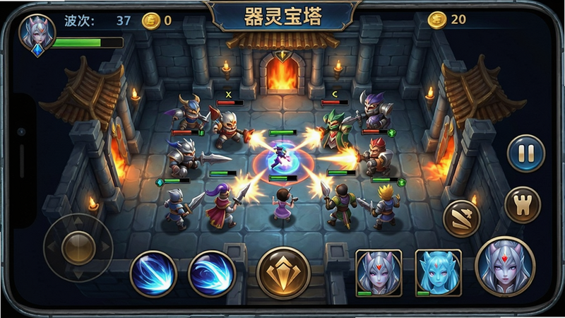 手机屏幕显示游戏战斗界面的截图,画面中央是宝塔内部战场,防御单位正在攻击,屏幕下方有技能按钮和器灵头像。布局为竖屏手机界面,上方显示波次和金币,右侧有暂停键。排版整洁,UI清晰可见,风格写实,色彩明亮,细节丰富。画质高清,干净,无多余元素,屏幕顶部有“器灵宝塔”字样。