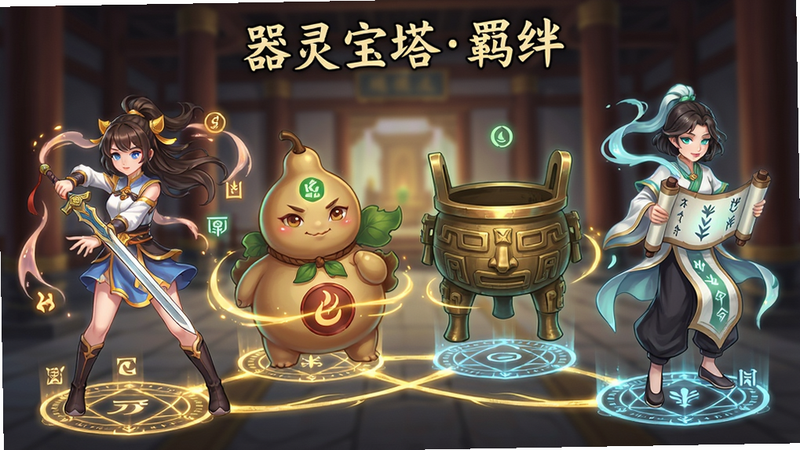 图片主体为四个形态各异的器灵角色(一个持剑的少女剑灵、一个圆滚滚的葫芦灵、一个古朴的铜鼎灵、一个飘逸的卷轴灵)站在一起,脚下有发光的羁绊法阵连接。布局采用横向排列,每个器灵姿态生动,表情各异,中间有金色的能量线条交织。排版类似角色立绘展示墙,背景是虚化的宝塔内部结构。风格为国风动漫风格,色彩明快,细节精致,器灵身上有流动的光效和代表元素的符号。画质清晰干净,无多余元素,画面顶部有“器灵宝塔羁绊”字样。