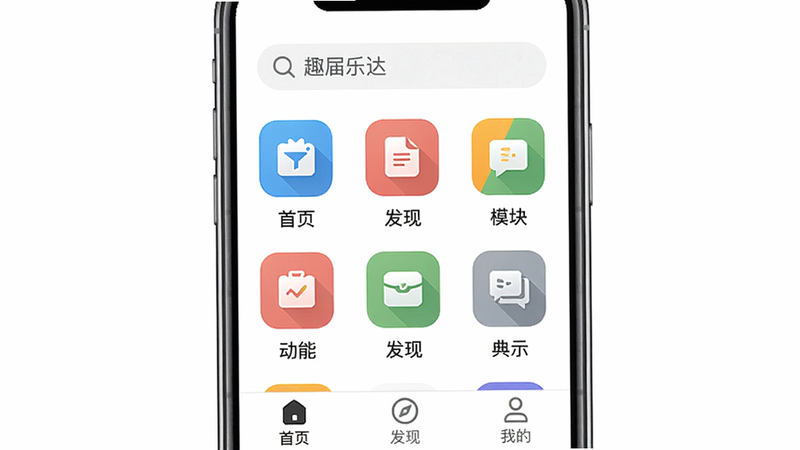 ���壺Ȥ���ִ�APP�����棬չʾ������ģ��͵����������֣��ֻ���Ļ���У��Ϸ�Ϊ���������·�Ϊ����ͼ�������Ű棺ͼ���������룬ÿ��ͼ���·������ı�ǩ����ɫͳһ������ִ���Լ��������ɫ��ͼ��ɫ�ʷḻ�������ۡ�ϸ�ڣ��������С�Ȥ���ִ��������������������ҳ���������֡������ҵġ���ǩ�����ʣ����壬�ɾ����޶���Ԫ�ء�
