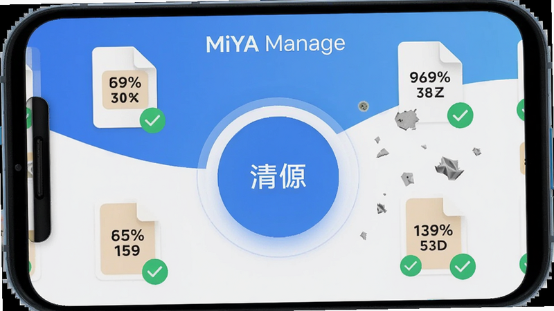 主体为手机屏幕放大展示“MiYA Manage”清理界面,中央有圆形清理按钮,四周散布被标记的缓存文件图标与垃圾碎片,背景为蓝白渐变,布局居中对称,排版清晰,风格现代科技感,细节有百分比数字与绿色对勾,画质高清干净,无多余元素