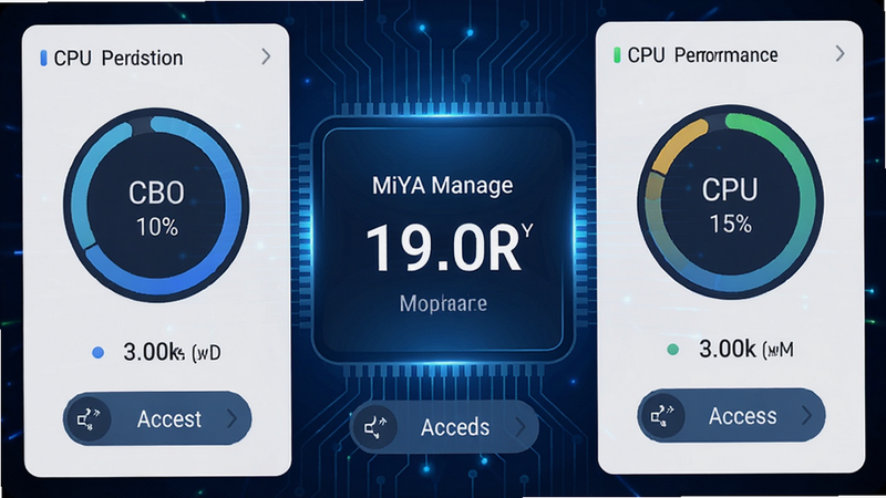 主体为手机性能仪表盘界面,中央显示“MiYA Manage”性能分数,两侧有CPU与内存占用率环形图,背景为深蓝色科技光效,布局左右对称,排版专业,风格数据可视化,细节有加速按钮与百分比,画质高清干净,无多余元素