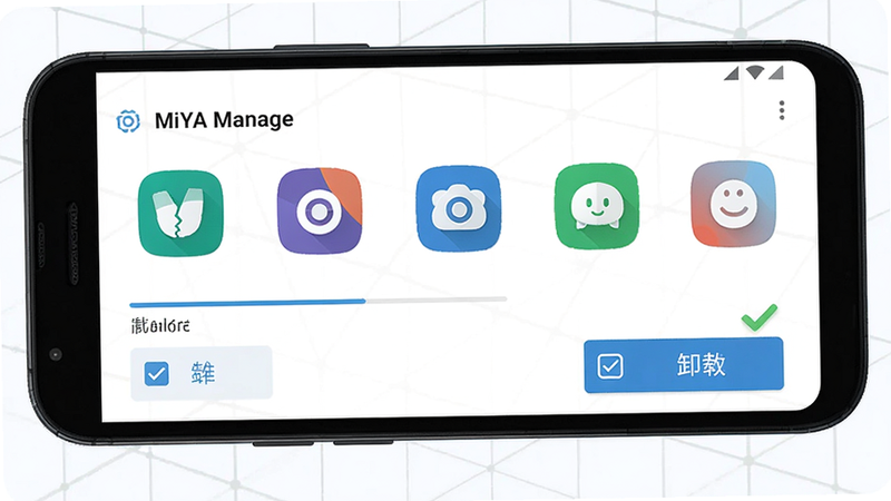 主体为安卓手机界面展示“MiYA Manage”应用管理模块,屏幕内有一排应用图标排列,并带有批量勾选与卸载按钮,背景为浅色抽象网格,布局整洁,排版有序,风格简洁商务,细节有进度条与完成提示,画质高清干净,无多余元素