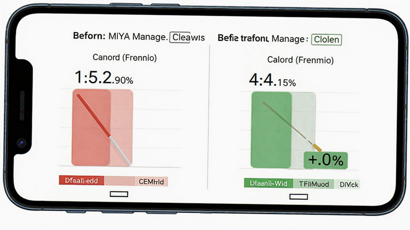 主体为手机屏幕展示MiYA Manage清理前后的存储对比图,左侧红色表示清理前,右侧绿色表示清理后,背景为纯白色,布局左右对比,风格数据图表,细节有容量数字与百分比,画质高清干净,无多余元素