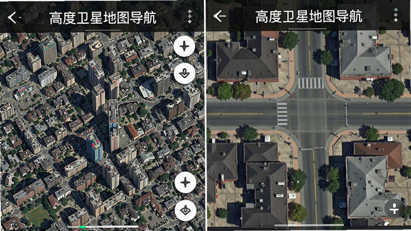 高度卫星地图导航应用内卫星影像缩放对比图,左侧为城市俯瞰图,右侧为放大后的街道细节,画面标注有“高度卫星地图导航”字样,布局左右对称,风格写实,画质细腻,干净无多余元素