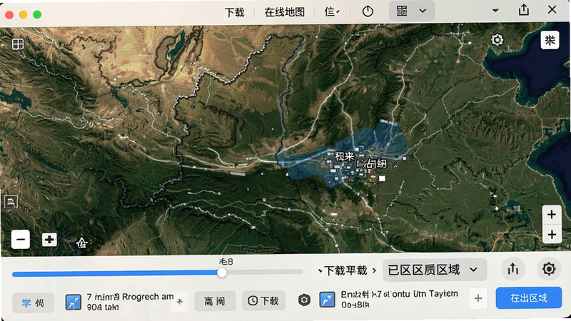 高度卫星地图导航离线地图下载管理界面截图,画面显示一个省份地图轮廓,下方有下载进度条与已下载区域列表,界面整洁,按钮清晰,风格实用,画质干净,无多余元素