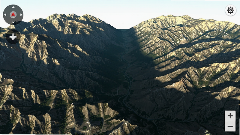 高度卫星地图导航三维地形渲染效果图,画面展示一个立体山谷,阳光从侧面照射,阴影明显,山体纹理清晰,用户界面有旋转与缩放按钮,风格写实,画质细腻,干净无多余元素