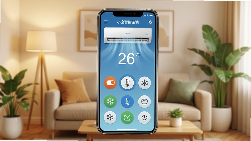 主体:一部现代智能手机屏幕上显示小全智能空调遥控器的操作界面,界面中有空调开关、温度调节、模式选择等按钮,背景是温馨的客厅环境。布局:手机居中,界面清晰可见,周围有柔和的灯光和绿色植物点缀。排版:界面图标排列整齐,色彩鲜明。风格:写实与科技感结合,色调明亮温暖。细节:手机屏幕上的空调遥控界面显示26度制冷模式,空调出风口有冷气吹出。画质:高清渲染,细节丰富,干净无多余元素。