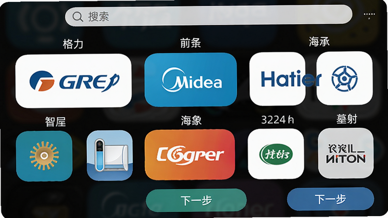 主体:小全智能空调遥控器应用界面展示品牌选择列表,包含格力、美的、海尔等图标。布局:列表清晰,每个品牌图标上方有对应名称。排版:采用网格布局,图标圆润,色彩鲜艳。风格:扁平化设计,简洁明了。细节:界面顶部有搜索栏,底部有“下一步”按钮。画质:高清,干净无多余元素。