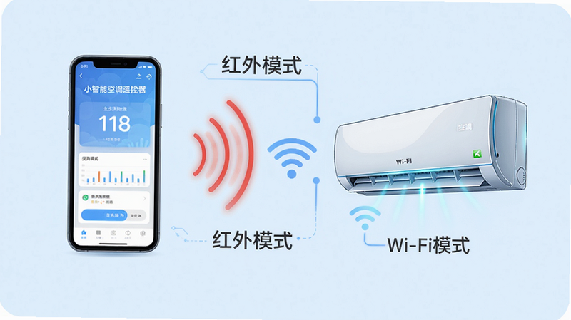 主体:手机通过红外线和Wi-Fi两种方式连接空调的示意图。布局:左侧为手机,右侧为空调,中间用红外线波纹和Wi-Fi符号连接。排版:示意图清晰,标注文字“红外模式”和“Wi-Fi模式”。风格:科技感插画风格,背景为浅蓝色。细节:手机屏幕显示小全智能空调遥控器界面,空调为壁挂式。画质:高清,干净无多余元素。