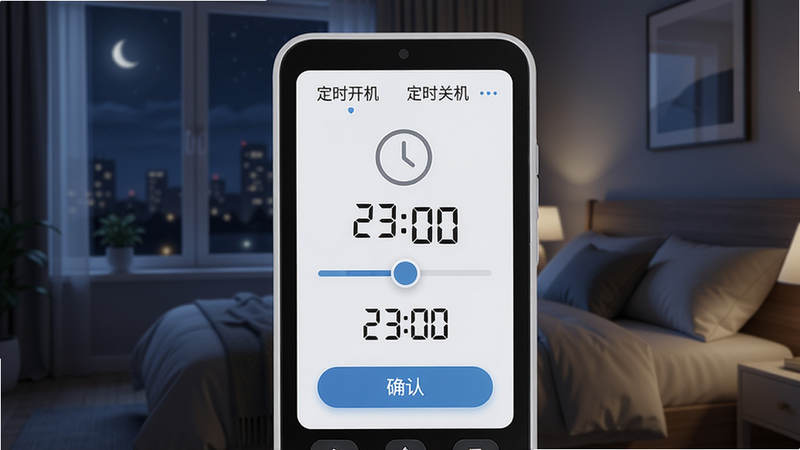 主体:小全智能空调遥控器界面显示定时设置页面,有“定时开机”和“定时关机”选项。布局:界面中央为时钟图标和设置滑块,下方有“确认”按钮。排版:简洁清晰,时间数字大而醒目。风格:现代简约,色调清爽。细节:定时时间显示为“23:00”,背景为卧室夜景。画质:高清,干净无多余元素。
