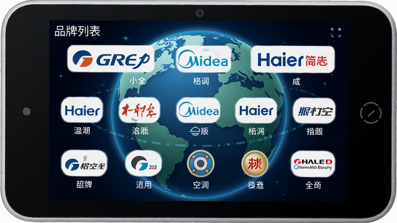 主体:小全智能空调遥控器界面显示品牌列表,包含格力、美的、海尔等,背景为地球图案。布局:品牌logo整齐排列,地球居中。排版:logo大小一致,色彩丰富。风格:科技感插画。细节:每个logo下方有对应名称。画质:高清,干净无多余元素。