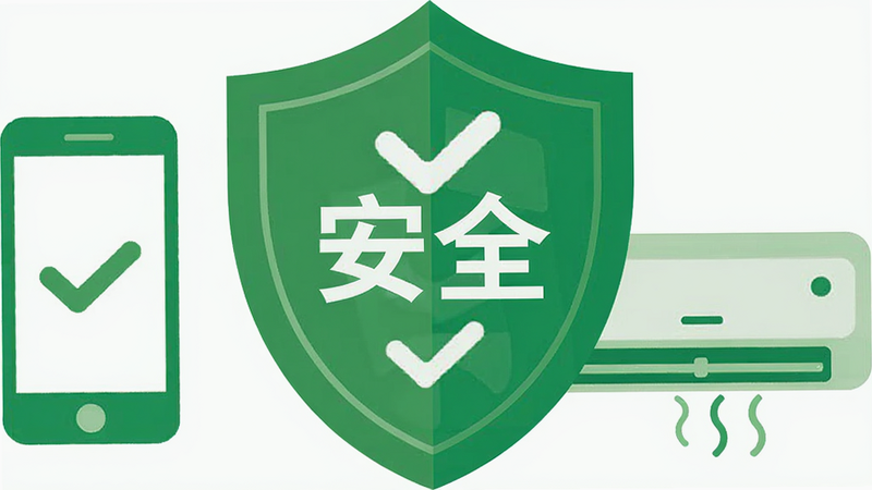主体:一个绿色的安全盾牌图标,上面写着“安全”字样,周围有手机和空调的图标。布局:盾牌居中,手机和空调分列两侧。排版:图标简洁明快。风格:扁平化设计,绿色调。细节:盾牌上有一个对勾符号。画质:高清,干净无多余元素。