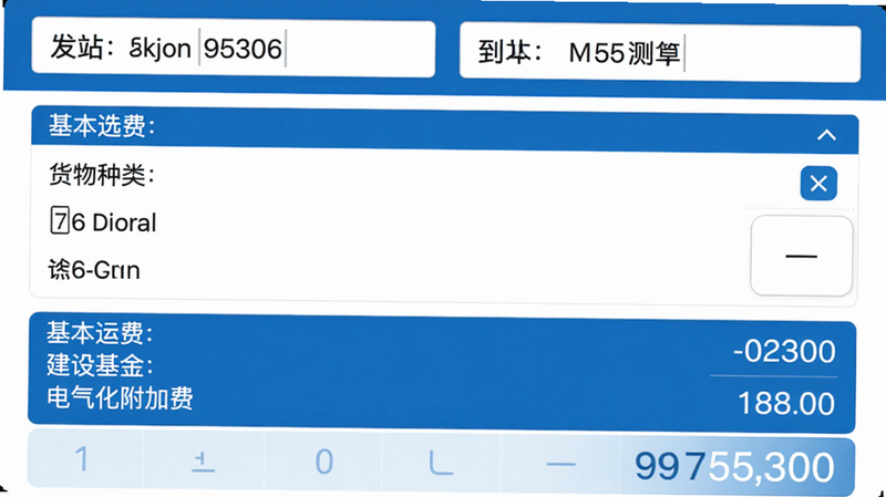 铁路95306APP运费测算界面,背景为简洁的白色计算器风格,上方显示发站和到站输入框,中间是货物种类选择列表,下方清晰列出基本运费、建设基金、电气化附加费等明细项目,最底部显示费用总计金额,界面色彩以蓝白为主,商务风格,高画质,干净无多余元素