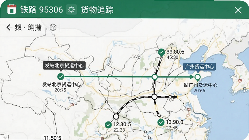 铁路95306货物追踪功能界面截图,页面显示详细的运输轨迹地图,标注发站北京货运中心,到站广州货运中心,途经多个编组站节点,每个节点有绿色打勾标志和到达时间,界面设计简洁清晰,数据展示直观,手机端UI设计展示风格,高画质,干净无多余元素