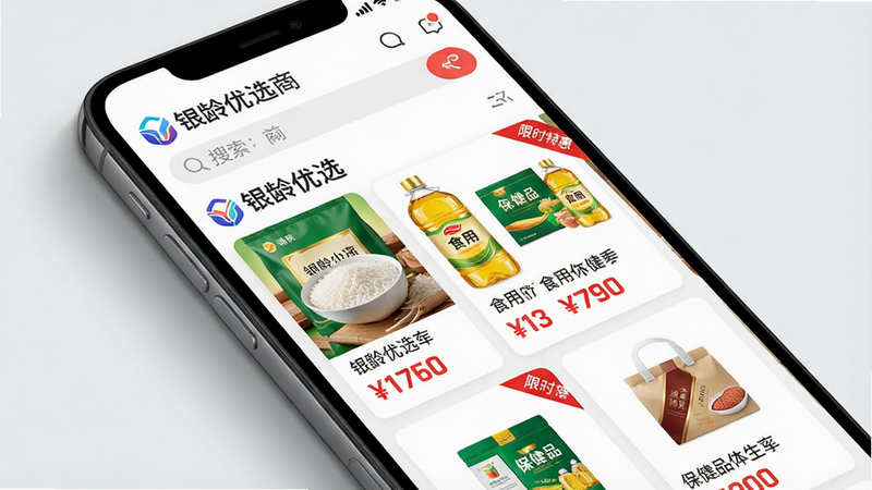 一张展示电商购物界面的手机截图样机图,主体是一部智能手机,屏幕占据画面中心,屏幕上清晰显示“银龄优选”商城主页面,顶部有搜索栏,下方是多个商品卡片,包括大米、食用油、保健品等,每件商品图片下方有醒目的价格标签。布局为纵向排列,手机略微倾斜,带有立体阴影。排版风格为现代简洁的UI设计,色彩鲜艳明亮,商品图片高清诱人。细节包括界面上的“银龄优选”Logo和“限时特惠”红色角标。画质清晰锐利,背景为干净的浅灰色,无多余元素。
