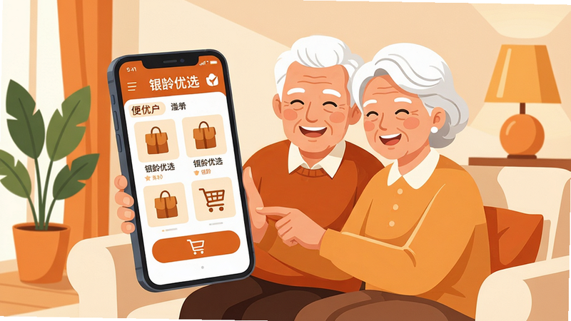 一幅温馨明亮的插画,主体是一对笑容满面的老年夫妇正坐在沙发上,一起使用一部大屏幕智能手机,手机屏幕上有“银龄优选”APP界面,界面显示清晰的商品图片和较大的文字按钮。背景是整洁舒适的客厅,摆放着绿植和暖色台灯。布局采用居中构图,人物与手机形成视觉中心。排版风格为扁平化矢量插画,色彩温暖柔和,以暖橙色和米白色为主色调。细节描绘人物花白的头发和慈祥的表情,以及手机界面上的购物车图标。画质高清,画面干净,无多余元素,突出“银龄优选”带来的便捷与温馨。