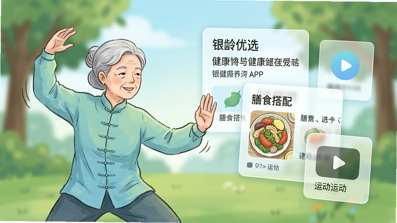 一幅健康养生气息的插画,主体是一位精神矍铄的老年女性正在公园里打太极,旁边悬浮着几个半透明的UI卡片,卡片上分别显示“银龄优选”APP中的健康文章标题、膳食搭配图、运动视频图标。布局采用左实右虚的构图,人物在左侧,UI元素在右侧。排版风格为清新的手绘插画风,色调以绿色和天蓝色为主,象征健康与自然。细节描绘老人舒展的动作和微笑的表情,卡片上的文字清晰可读。画质干净柔和,背景虚化,无多余元素。