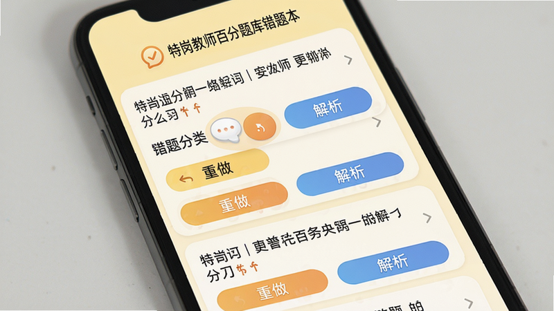 特岗教师百分题库错题本界面示意,手机屏幕展示错题分类列表,每道题下方有“重做”和“解析”按钮,背景浅黄色,界面友好,文字清晰,整体干净无杂物。