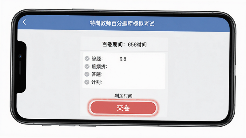 特岗教师百分题库模拟考试界面,手机屏幕展示答题卡与剩余时间,背景浅灰色,界面设计简洁,红色高亮显示“交卷”按钮,整体风格专业,画质清晰。