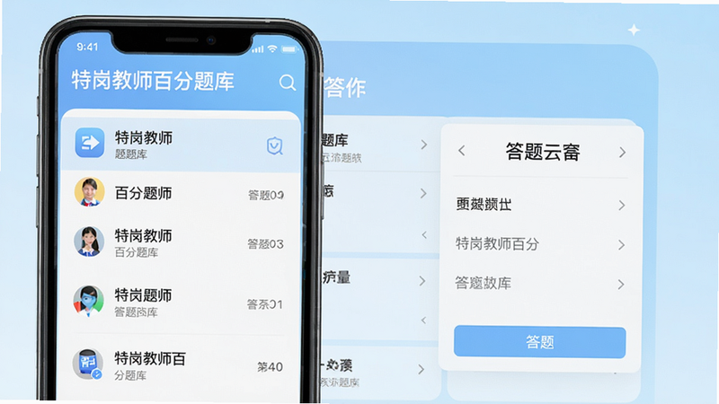 一张特岗教师百分题库软件主界面预览图,手机屏幕展示题库列表与答题卡,背景为浅蓝色渐变,界面简洁现代,图标清晰,左上角显示“特岗教师百分题库”字样,整体干净无多余元素,高清画质。