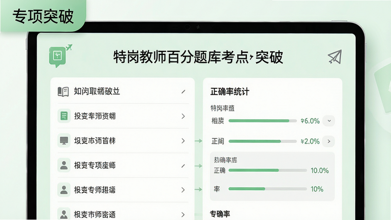 特岗教师百分题库考点突破页面,屏幕显示知识点列表与正确率统计,背景浅绿色,界面图标简洁,文字清晰,左上角有“专项突破”标签,整体风格清爽,画质高清。