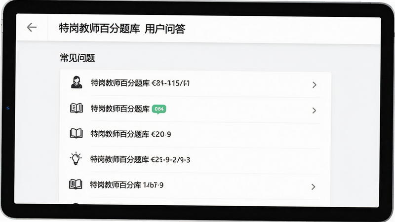 特岗教师百分题库用户问答界面,屏幕显示“常见问题”列表,背景白色,图标简洁,整体风格干净,画质清晰。