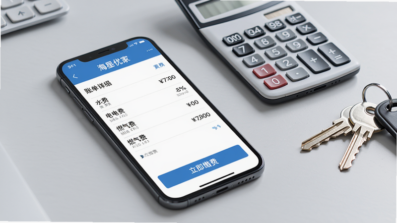 海星优家应用内物业缴费页面,手机展示账单明细列表,包含水费、电费、燃气费,下方有“立即缴费”按钮,背景为干净的浅灰色桌面,手机旁边有计算器和钥匙,整体风格商务简洁,画质清晰,无多余元素