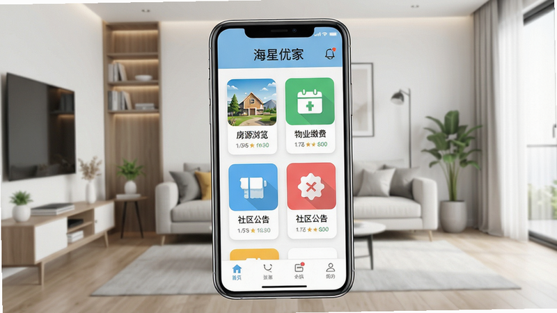 一张智能手机屏幕展示海星优家应用主界面,顶部有“海星优家”字样,界面包含房源浏览、物业缴费、社区公告等彩色图标,背景为现代简约客厅,手机居中放置,整体风格明亮清晰,UI设计扁平化,画质高清,干净无多余元素