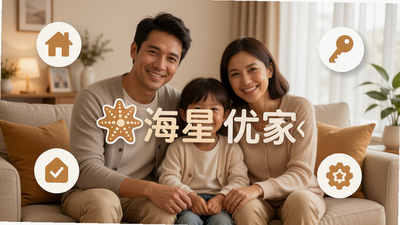 海星优家应用宣传海报,中央为“海星优家”品牌Logo,背景为一家三口在温馨的客厅中微笑,周围点缀有房屋、钥匙、物业服务图标,整体色调温暖,风格写实,画质高清,干净无多余元素