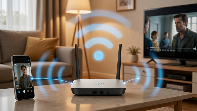 ���壺���������У�һ������·����λ�ڻ������룬�����ܷ���Wi-Fi�źŲ��ƣ��������ֻ�����ӡ����֣�·�������У��ֻ����󣬵������ң������γ�ƽ�����ǹ�ͼ���Ű棺������죬ͻ���������Ӹ�����дʵ��Ƽ��н�ϣ�ůɫ���Ҿӱ�����ϸ�ڣ��źŲ����ð�͸����ɫ���߱�ʾ��������Ļ��ʾ�����еĵ�Ӱ���档���ʣ����壬ϸ�ڷḻ������ɾ���