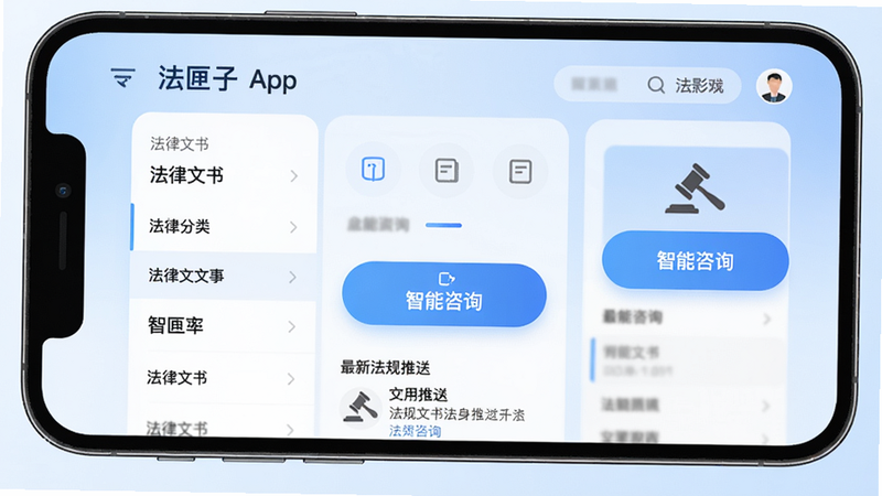 一张展示法匣子App在智能手机上运行的主界面预览图,屏幕中显示法律文书分类列表、智能咨询入口和最新法规推送,背景为简洁的浅蓝色渐变,整体风格现代、专业,UI设计干净清晰,画质高清,无多余元素