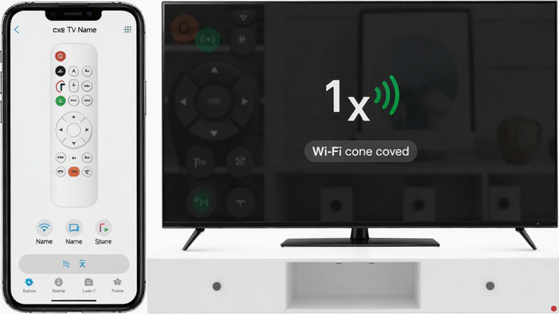 通用电视遥控器cx Wi-Fi连接演示图,手机与智能电视屏幕显示连接成功状态,界面包含设备名称和信号指示图标,布局一目了然,风格简约,画质清晰,干净无多余元素
