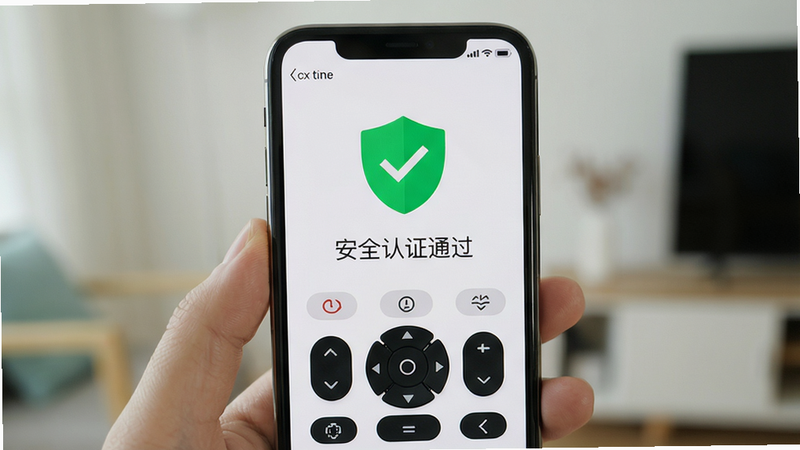 通用电视遥控器cx安全检测界面截图,手机屏幕显示“安全认证通过”字样,背景为绿色盾牌图标,界面简洁,风格清爽,画质清晰,干净无多余元素