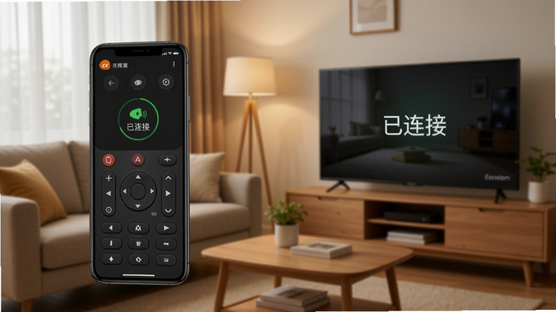 通用电视遥控器cx使用教程配图,手机与电视连接成功界面,屏幕显示“已连接”状态,背景为家庭客厅环境,色调温馨,布局清晰,画质细腻,干净无多余元素
