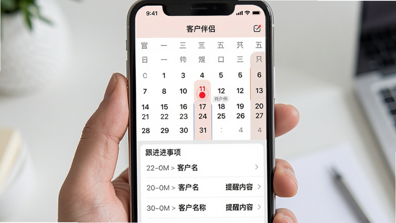 客户伴侣的日程提醒功能界面,手机屏幕上显示日历视图,某一天有红点标记,下方列表展示跟进事项,包括时间、客户名称和提醒内容。整体风格为浅色系,日历和列表布局清晰,颜色柔和,突出提醒功能,画面中显示“客户伴侣”应用名称,画质高清,干净整洁。