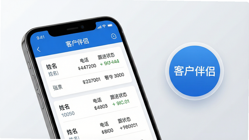 客户伴侣是一款专业的客户管理软件,界面采用蓝色与白色为主色调,整体风格简约商务。图片主体为一部智能手机,屏幕中显示客户伴侣的客户列表页面,包含姓名、电话、跟进状态等字段,卡片式布局清晰整洁。手机右侧悬浮着圆形图标,标注“客户伴侣”字样,背景为浅灰色渐变,整体画面干净明亮,突出软件功能与品牌,细节丰富,画质高清,无多余元素。