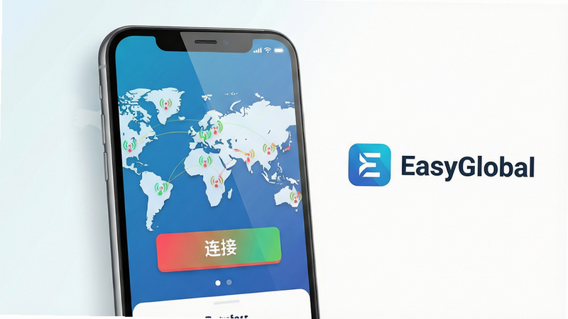 主体:一部智能手机屏幕显示EasyGlobal应用主界面,界面中央有醒目的“连接”按钮,背景为世界地图轮廓。布局:手机位于画面中央偏左,右侧留白处放置应用logo和文字“EasyGlobal”。排版:手机屏幕内信息清晰可见,主次分明,按钮颜色鲜艳。风格:现代科技感,扁平化设计,色彩明亮,干净整洁。细节:手机屏幕反射柔和光线,地图上点缀着多个信号点,体现全球连接概念。画质:高清,干净,无多余元素。