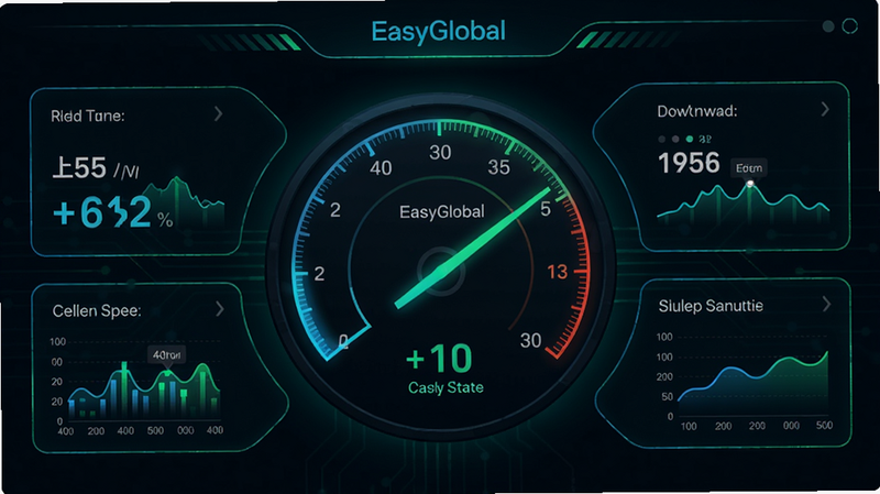 主体:EasyGlobal主界面显示连接成功状态,有速度仪表盘和流量统计。布局:仪表盘位于中央,周围分布着连接时长、上传/下载速度等数据。排版:数据以卡片形式环绕仪表盘,布局对称。风格:科技感,深色背景搭配霓虹蓝绿色点缀。细节:仪表盘指针指向高速区域,数据实时动态更新。画质:高清,干净,无多余元素。