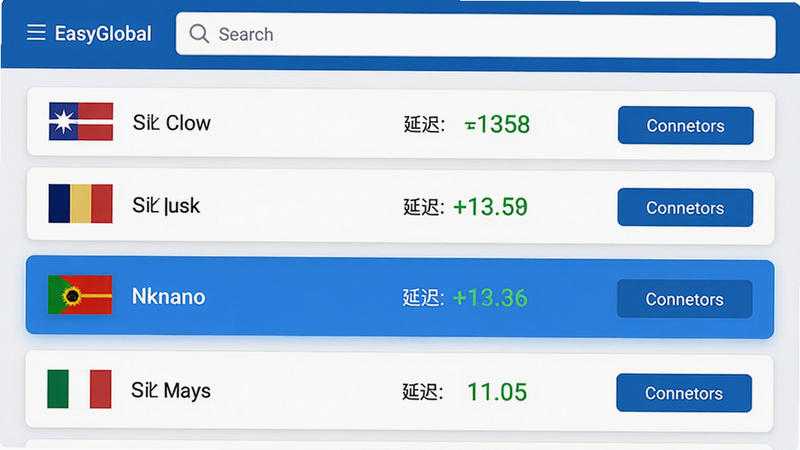 主体:EasyGlobal应用节点选择界面,列表显示多个国家国旗和延迟数值。布局:界面占据整个画面,顶部为搜索栏,下方为节点列表。排版:列表整齐排列,每个节点卡片包含国旗、国家名、延迟和连接按钮。风格:简洁商务风,蓝白配色,信息清晰。细节:当前选中的节点高亮显示,延迟数值以绿色字体标识。画质:高清,干净,无多余元素。
