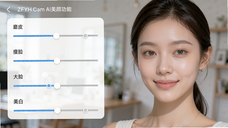 ZFYH Cam AI美颜功能界面截图,右侧为一位年轻女性的半身像,左侧显示美颜调节面板(磨皮、瘦脸、大眼、美白),每项参数均配有滑杆,女性面部皮肤细腻光滑,五官自然立体,背景虚化,界面设计简洁,画质清晰,干净无多余元素。