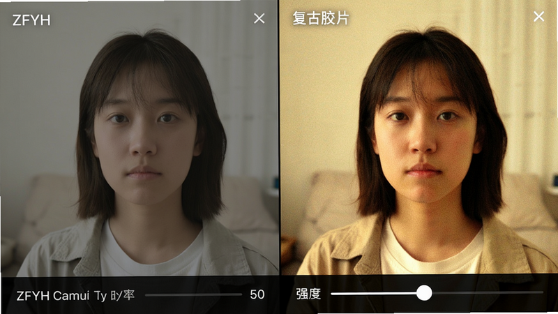 ZFYH Cam滤镜效果对比预览图,左右分屏展示同一场景下原图与套用“复古胶片”滤镜后的效果,左侧色彩平淡,右侧色调温暖、对比度增强,带有轻微颗粒感,界面下方显示滤镜名称与强度调节滑块,布局规整,画质细腻,干净无多余元素。