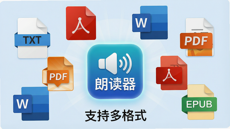 主体:多种格式文档图标(TXT、PDF、EPUB、Word)环绕排列,中间是“朗读器”应用图标。布局:文档图标以扇形排列在四周,中间为应用图标,底部有“支持多格式”字样。排版:图标设计简洁,色彩鲜明。风格:清爽的办公风格,背景为淡蓝色。细节:每个文档图标上都有对应的格式标识,应用图标带有微光效果。画质:高分辨率,干净整洁。